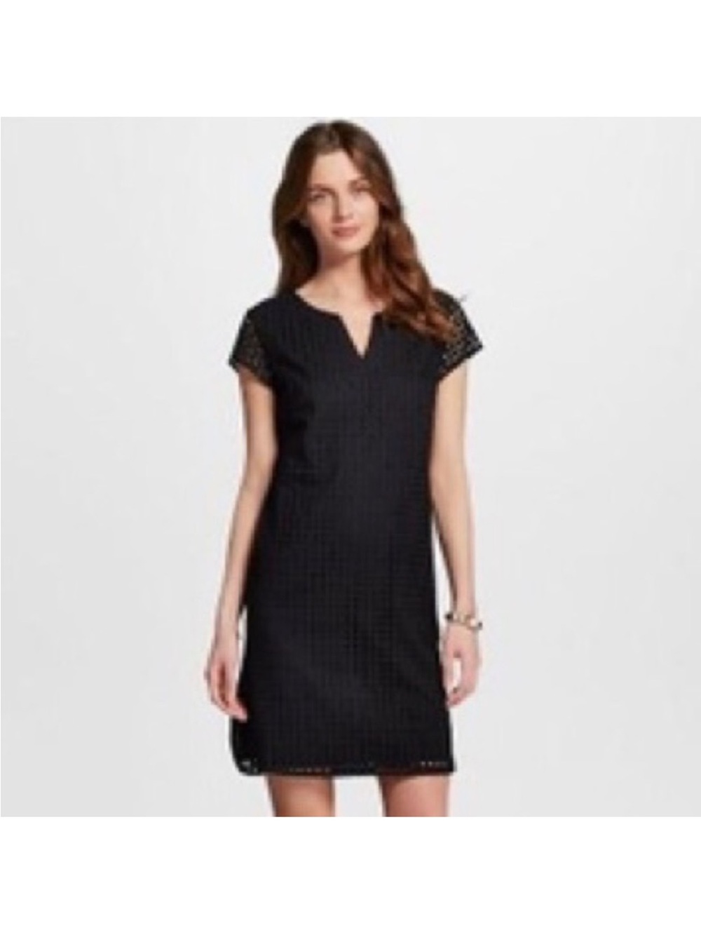 Merona Eyelet Black V-Notch Cap Sleeve Shift Dress